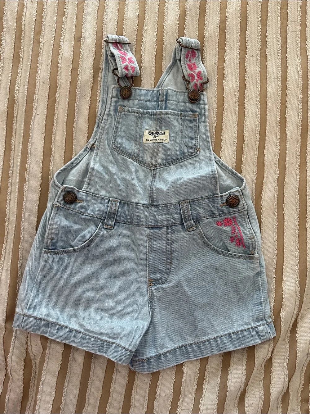OshKosh B'gosh Light Blue Denim Shortalls with Pink Floral Embroidery